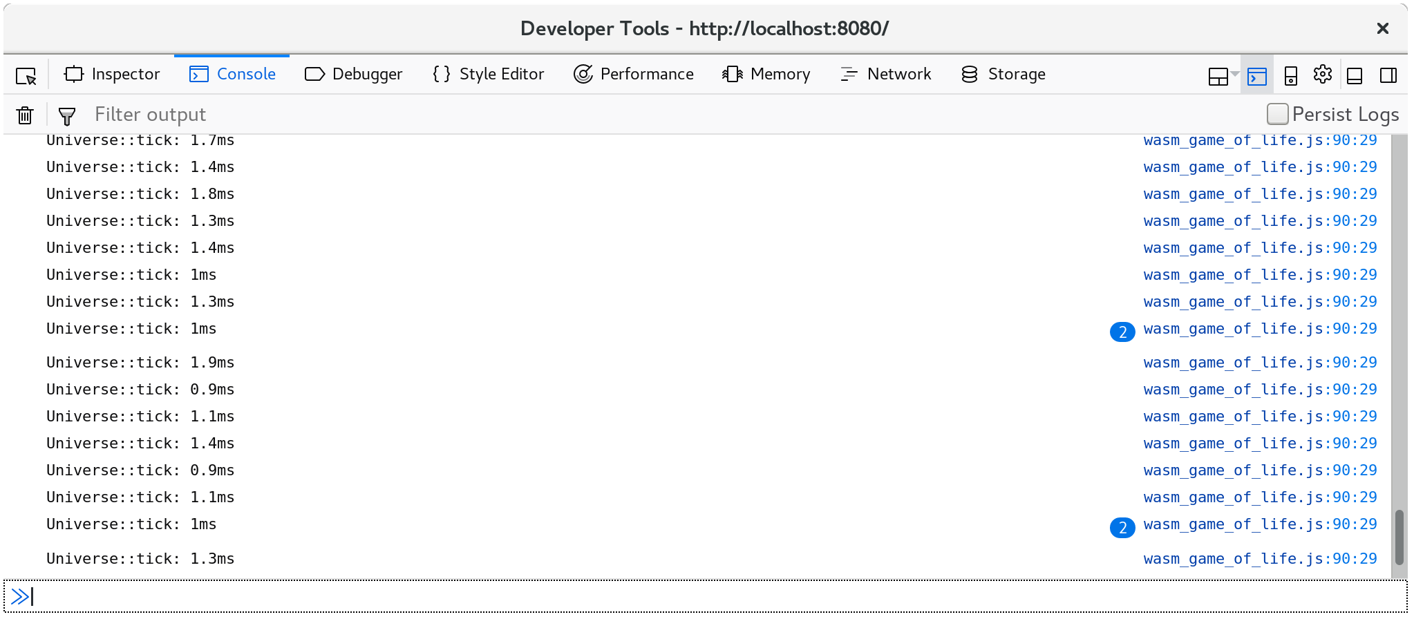 Screenshot of console.time logs