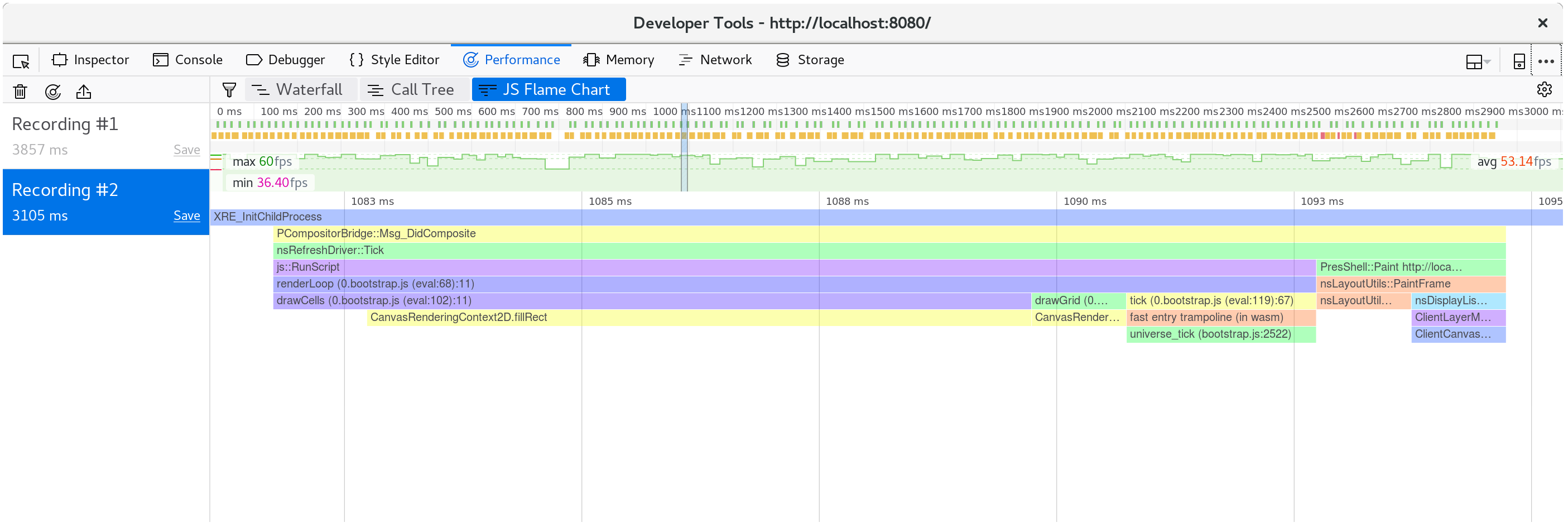 Screenshot of a flamegraph view of rendering a frame after the drawCells changes