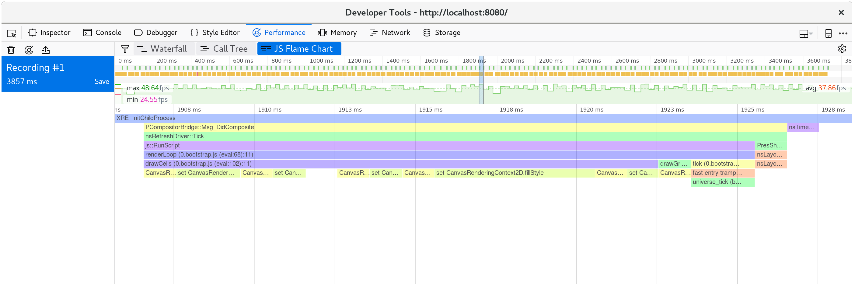 Screenshot of a flamegraph view of rendering a frame