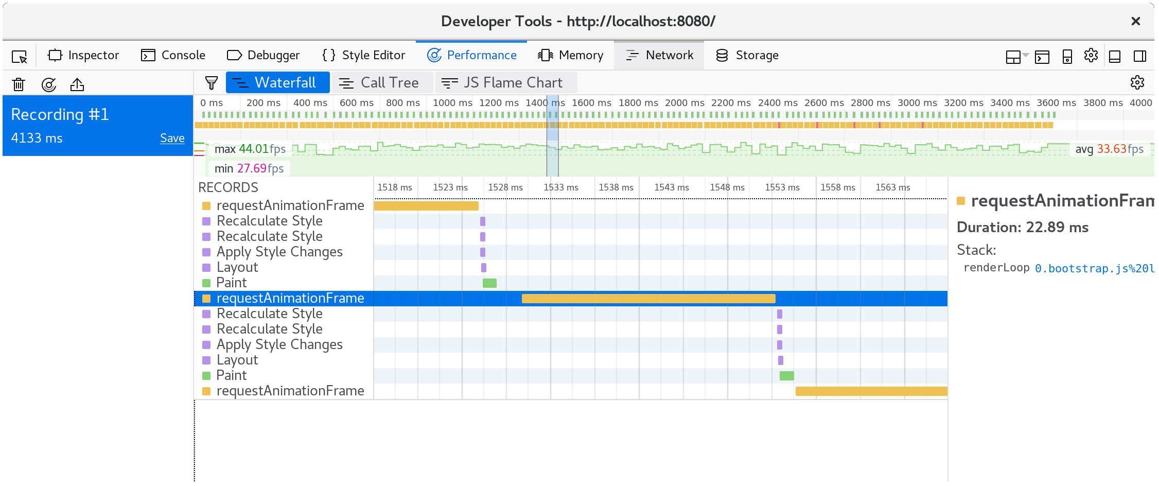 Screenshot of a waterfall view of rendering a frame